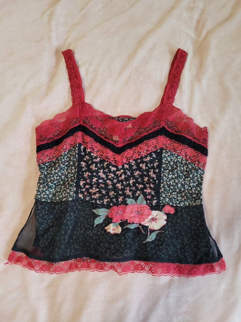 Y2k Vintage Red and Black Floral Free People Cami Top 6